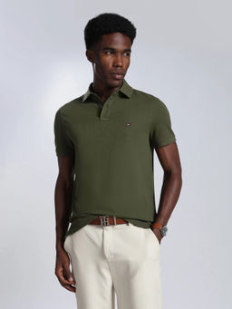Tommy Hilfiger - Men Olive Solid/Plain Cotton Polo T-Shirt