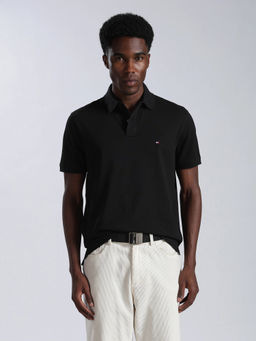 Tommy Hilfiger - Men Black Solid/Plain Cotton Polo T-Shirt