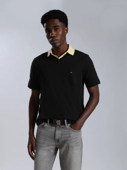 Tommy Hilfiger - Men Black Solid/Plain Cotton Polo T-Shirt