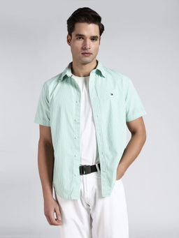 Tommy Hilfiger - Men Green Stripes Cotton Shirt