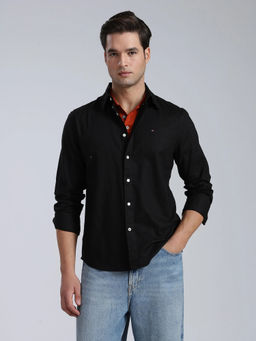 Tommy Hilfiger - Men Black Solid/Plain Linen Shirt