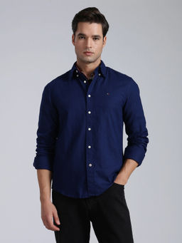 Tommy Hilfiger - Men Blue Solid/Plain Linen Shirt