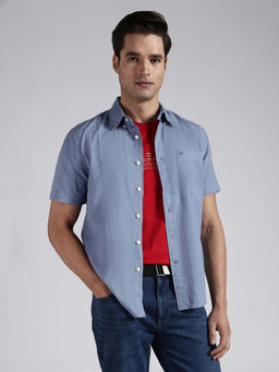 Tommy Hilfiger - Men Blue Solid/Plain Linen Shirt