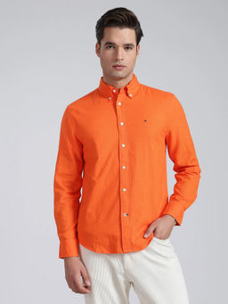 Tommy Hilfiger - Men Orange Solid/Plain Linen Shirt
