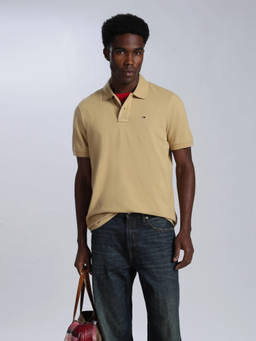 Tommy Hilfiger - Men Beige Solid/Plain Cotton Polo T-Shirt