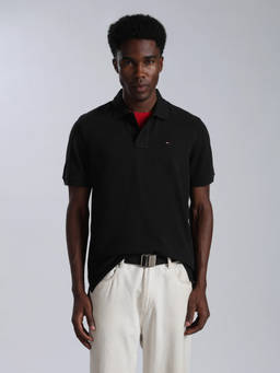 Tommy Hilfiger - Men Black Solid/Plain Cotton Polo T-Shirt