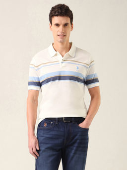U.S. POLO ASSN. - Men White Stripes Cotton Polo T-Shirt
