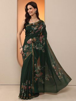 Libas - Women Green Floral Printed Silk Blend Saree with Unstitched Blouse