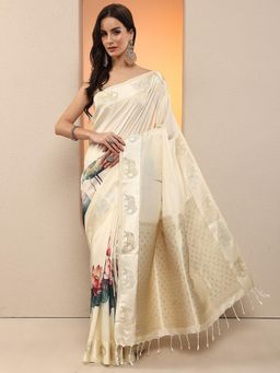 Libas - Women Cream Floral Printed Silk Blend Saree with Unstitched Blouse