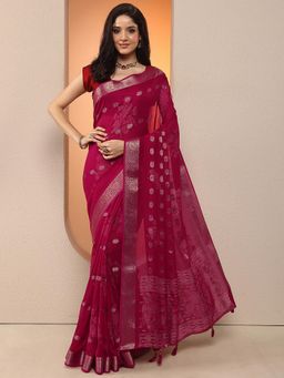 Libas - Women Dark Pink Floral Woven Silk Blend Saree with Unstitched Blouse