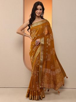 Libas - Women Mustard Floral Woven Silk Blend Saree with Unstitched Blouse