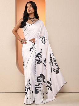 Libas - Women White Floral Printed Silk Blend Saree with Unstitched Blouse