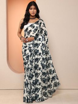 Libas - Women Black and White Printed Silk Blend Saree with Unstitched Blouse