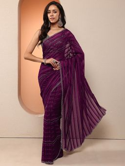 Libas - Women Wine Embellished Stone Work Silk Blend Saree with Unstitched Blouse