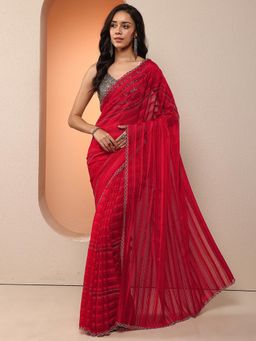 Libas - Women Red Embellished Stone Work Silk Blend Saree with Unstitched Blouse