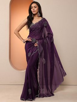 Libas - Women Purple Embellished Stone Work Organza Saree with Unstitched Blouse