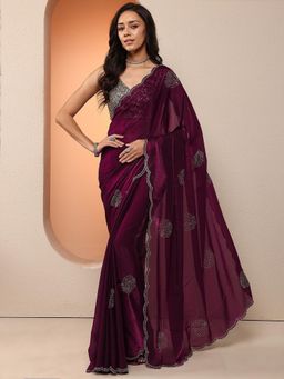 Libas - Women Wine Embellished Stone Work Organza Saree with Unstitched Blouse
