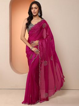 Libas - Women Hot Pink Embellished Stone Work Organza Saree with Unstitched Blouse