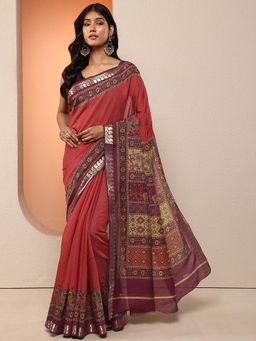 Libas - Women Rust Printed Woven Border Silk Blend Saree with Unstitched Blouse