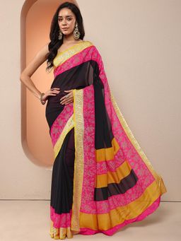 Libas - Women Black Checks Printed Pure Georgette Saree with Unstitched Blouse