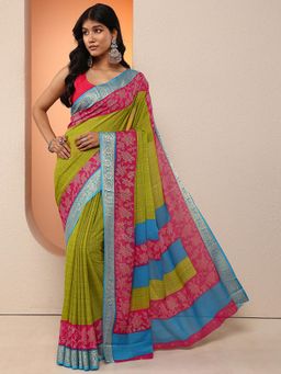 Libas - Women Olive Checks Printed Pure Georgette Saree with Unstitched Blouse