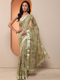 Libas - Women Light Green Floral Printed Silk Blend Saree with Unstitched Blouse