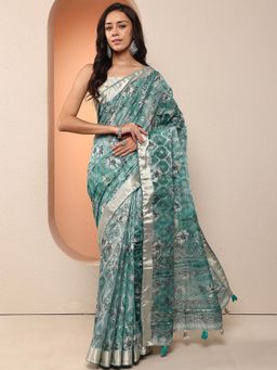 Libas - Women Blue Floral Printed Silk Blend Saree with Unstitched Blouse