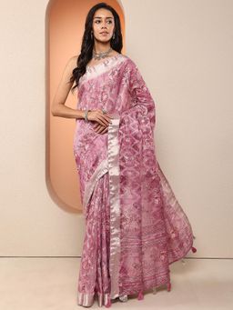 Libas - Women Pink Floral Printed Silk Blend Saree with Unstitched Blouse
