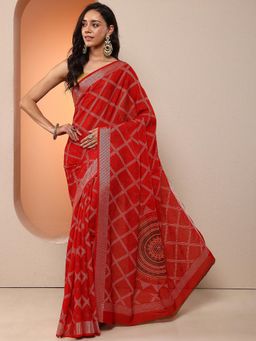 Libas - Women Red Bandhani Printed Pure Georgette Saree with Unstitched Blouse