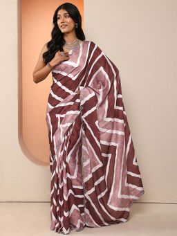 Libas - Women Brown Printed Stone Work Satin Saree with Unstitched Blouse