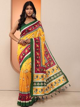 Libas - Women Mustard Printed Silk Blend Saree with Unstitched Blouse