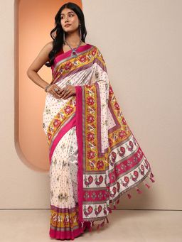 Libas - Women Off White Printed Silk Blend Saree with Unstitched Blouse