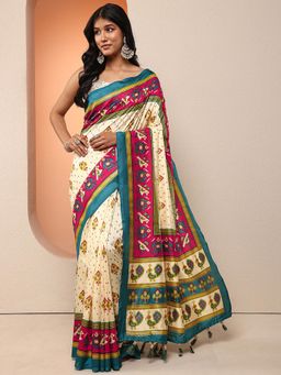 Libas - Women Cream Printed Silk Blend Saree with Unstitched Blouse
