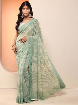 Libas - Women Light Green Floral Printed Pure Georgette Saree with Unstitched Blouse