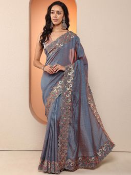 Libas - Women Navy Blue Embroidered Silk Blend Saree with Unstitched Blouse