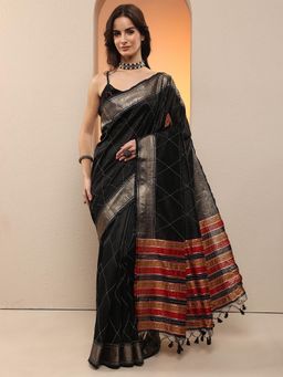 Libas - Women Black Handloom Thread Work Saree with Unstitched Blouse