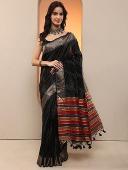 Libas - Women Black Handloom Thread Work Saree with Unstitched Blouse