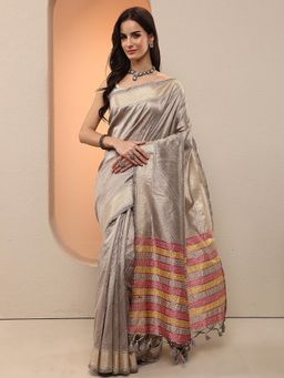 Libas - Women Grey Handloom Thread Work Saree with Unstitched Blouse