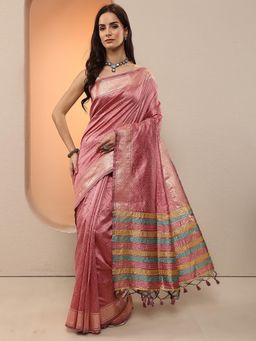 Libas - Women Pink Handloom Thread Work Saree with Unstitched Blouse