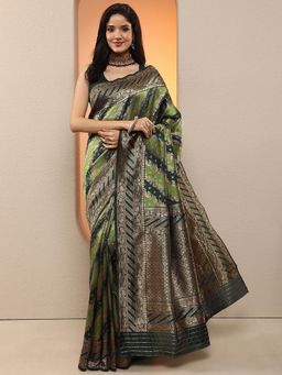 Libas - Women Green Floral Woven Design Silk Blend Saree with Unstitched Blouse