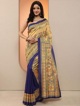 Libas - Women Blue and Beige Floral Printed Silk Blend Saree with Unstitched Blouse