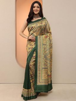 Libas - Women Green and Beige Floral Printed Silk Blend Saree with Unstitched Blouse