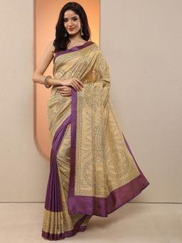 Libas - Women Purple and Beige Floral Printed Silk Blend Saree with Unstitched Blouse