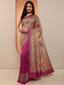 Libas - Women Magenta Kalamkari Printed Silk Blend Saree with Unstitched Blouse