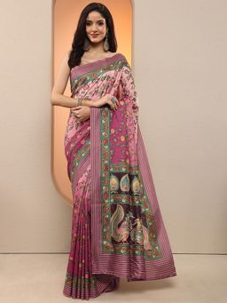 Libas - Women Pink Floral Printed Silk Blend Saree with Unstitched Blouse