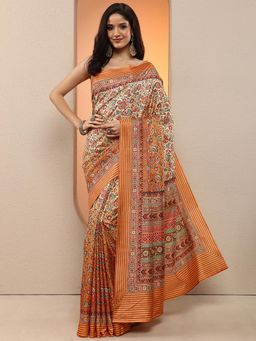 Libas - Women Orange Floral Printed Silk Blend Saree with Unstitched Blouse