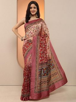 Libas - Women Maroon Floral Printed Silk Blend Saree with Unstitched Blouse