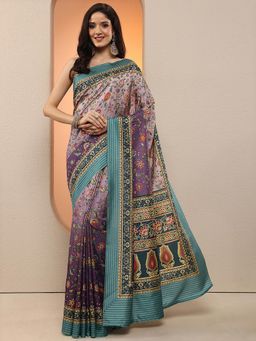 Libas - Women Purple Floral Printed Silk Blend Saree with Unstitched Blouse