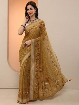 Libas - Women Mustard Floral Printed Georgette Saree with Unstitched Blouse