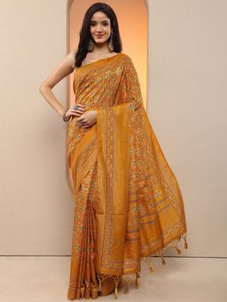 Libas - Women Mustard Printed Silk Blend Saree with Unstitched Blouse